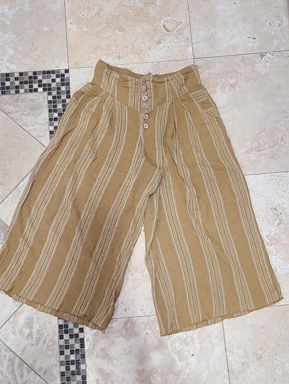 Free People Wide-Leg Striped Culotte Pants in Mustard and Cream - Picture 1 of 10